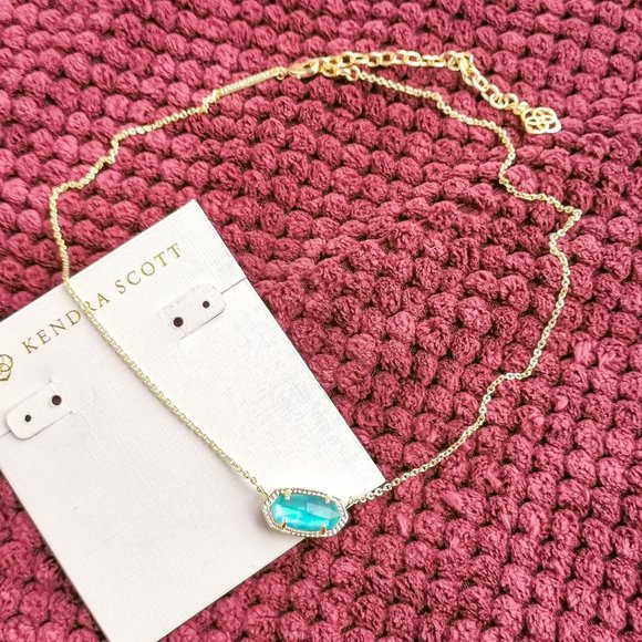 Kendra Scott Aqua Kyocera Opal Elisa Gold Pendant Necklace NEW WITH POUCH - Picture 2 of 3